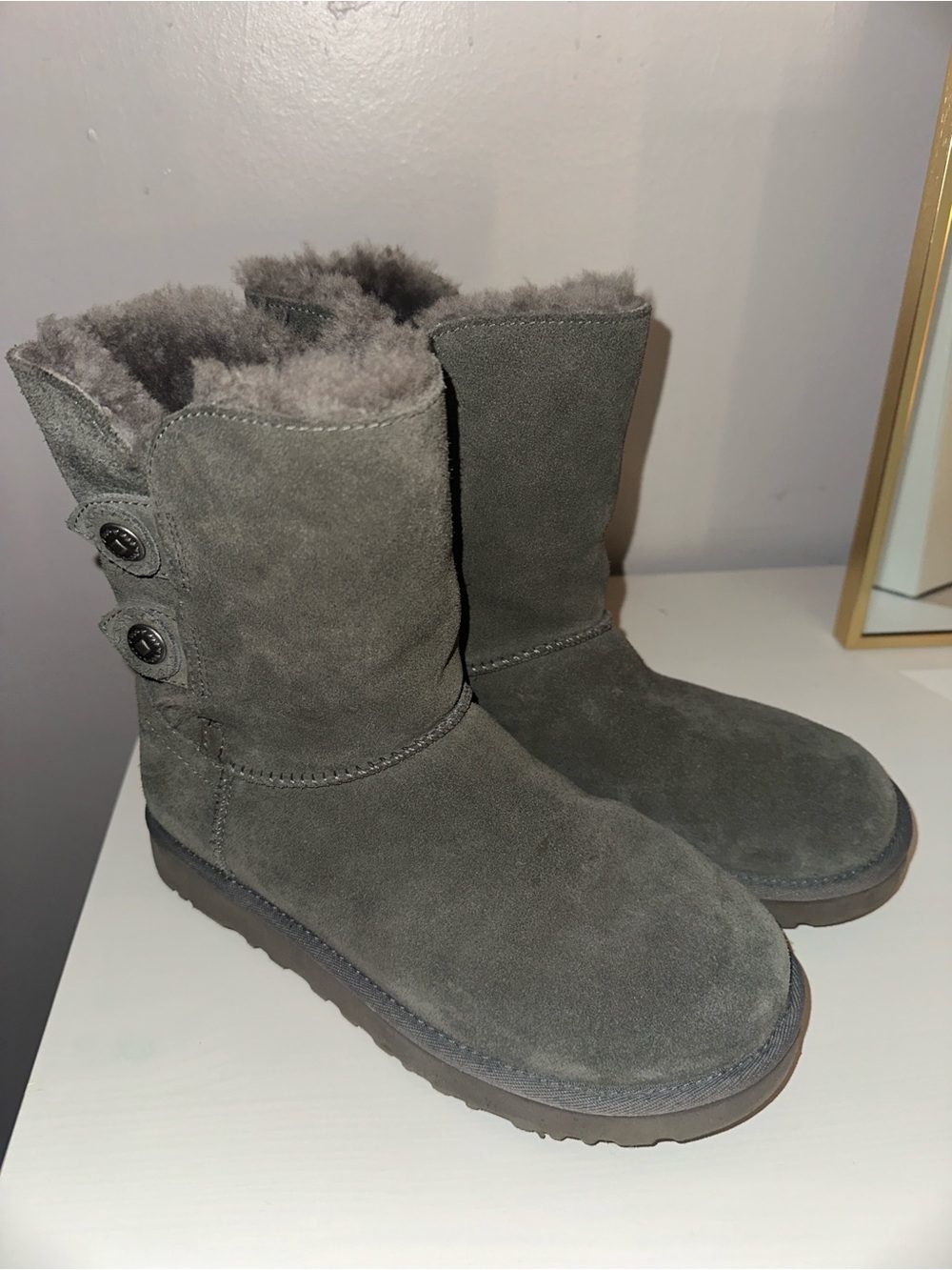 UGG Gray Suede Button-Accent Shearling Boots